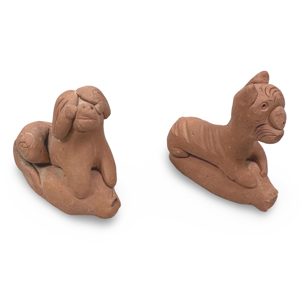 Vintage Handcrafted Terracotta Clay Animal Figurines Lion Tiger Set of 2